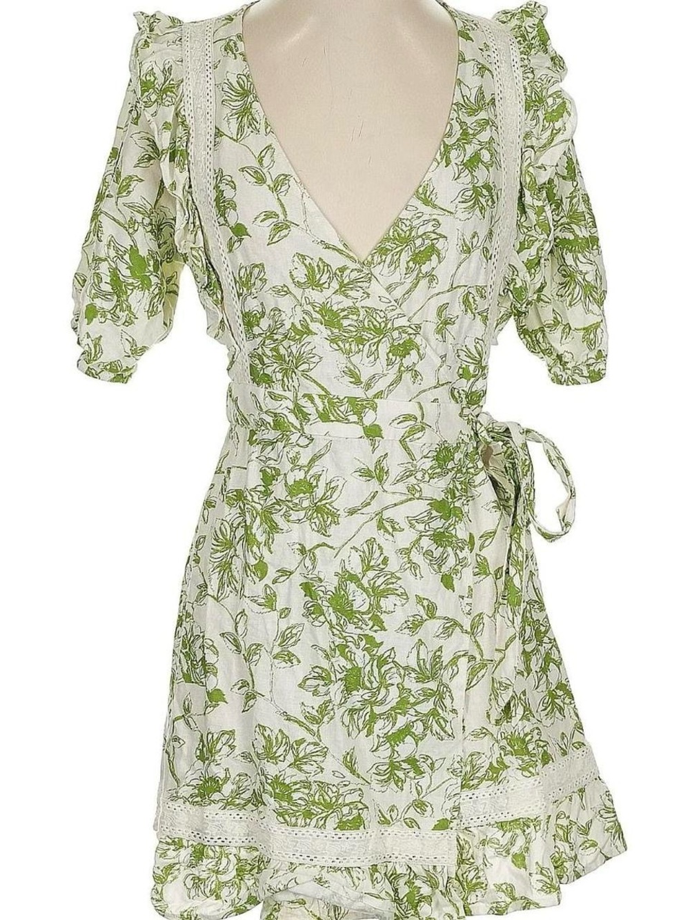 Alexis White and Green Floral Wrap Mini Dress